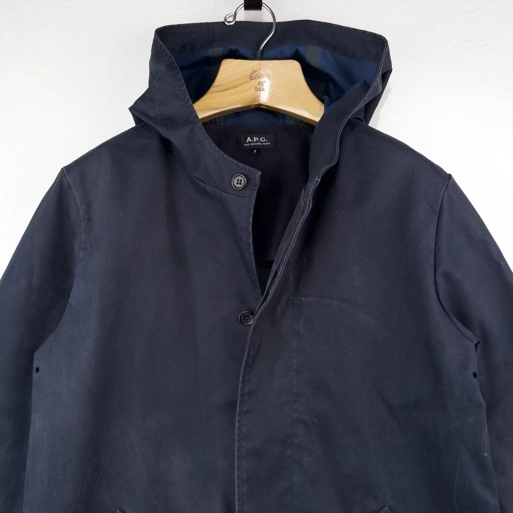 APC Navy Blue Hooded Trench Rain Coat Mac Parka Jacket Men's Small S